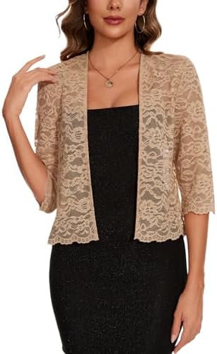 MINTLIMIT Women's Elegant 3/4 Sleeve Floral Lace Bolero Shrug Cropped Open Front Cardigan Shrug Tops