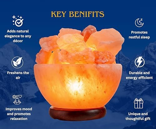 Spantik Himalayan Salt Lamp Bowl with Natural Crystal Chunks, Dimmer Cord and Classic Wood Base Premium Quality Authentic from Pakistan