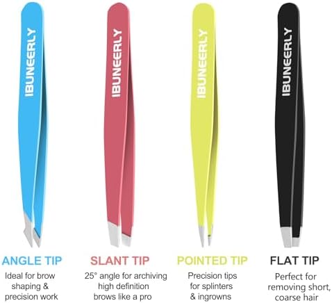 Eyebrows Tweezers Set, 4Pcs Stainless Steel Tweezers for Women with Travel Case, Great Precision for Ingrown Hair, Facial Hair and Splinter Removal