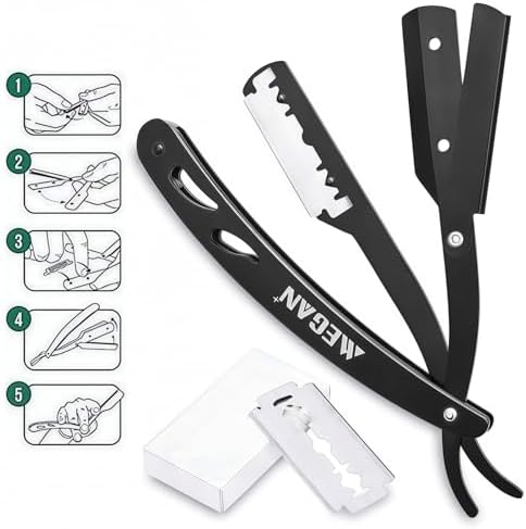 Megan beard shaping tool,5 piece set beard shaper for man - include professional straight edge razor,template guide,10 count of double edge blades,barber pencil and stainless steel scissors.