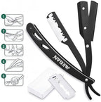 Megan beard shaping tool,5 piece set beard shaper for man - include professional straight edge razor,template guide,10 count of double edge blades,barber pencil and stainless steel scissors.