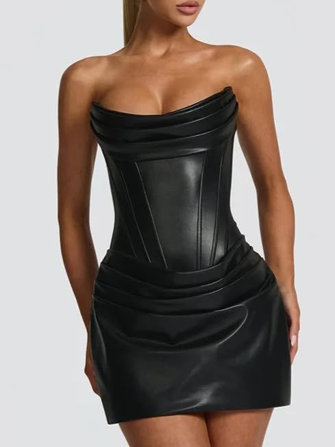 Women's PU Leather Pleated Strapless Sleeveless Backless Mini Dress Elegant Sexy Summer Party Dress