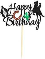 Cowboy Happy Birthday Cake Topper, Little Cowboy Cake Topper Boot Shooting Western Theme Cake Decorations Black Glitter Decors for Kids Boy Men Birthday Party Supplies