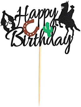 Cowboy Happy Birthday Cake Topper, Little Cowboy Cake Topper Boot Shooting Western Theme Cake Decorations Black Glitter Decors for Kids Boy Men Birthday Party Supplies