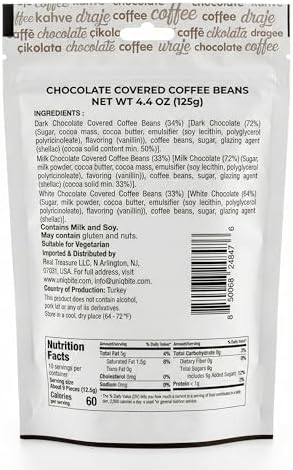 UNIQBITE Chocolate Covered Coffee Beans, 4.4 Oz, Mixed Chocolate Dragees with Whole Roasted Coffee, White-Dark-Milk Chocolates, Resealable Bag