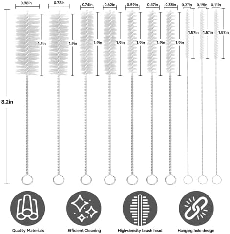 10-Piece Test Tube Brush Set, Nylon Stainless Steel Cleaning Brushes for Laboratory, Bottles, and Narrow Containers, Flexible and Long-Lasting