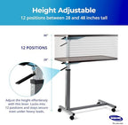 Invacare Bed Table, Height Adjustable & Tilting Overbed Table, Hospital Bedside Table, Medical Rolling Desk with Wheels, Waterproof Medical and Home Use L-Shaped Steel Base Over Bed Tray Table