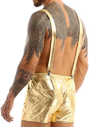 Men's Shiny Leather Metallic Shorts Dungarees Suspender Hot Pants Spandex Leotard Bodysuit