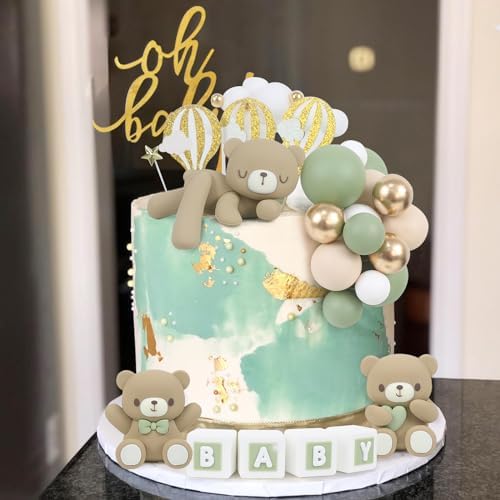 44 PCS Green Bear Cake Toppers - Mini 3D Bear BABY Letters Milk Bottle Green Gold Foam Balls Cake Toppers for Boy Girl Birthday Party Baby Shower Cake Decorations