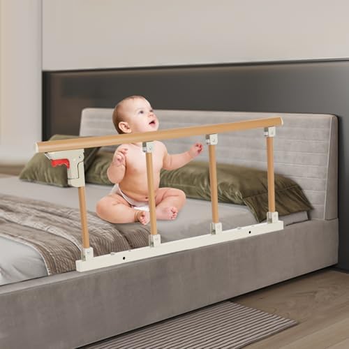 Bed Rail for Elderly Adults Safety, 4 Height Adjustable Assist Handle with Wood Grain Finish, Foldable Bed Guard for Home Care Hospital, Fall Prevention Safety Bar with Storage Pocket, Yellow