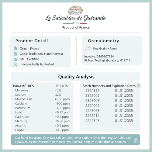 Le Saliculteur de Guerande, Sel Fin, 16oz Unrefined FINE Grey Sea Salt, French Organic Mineral Salt with Glass Jar, PGI-Certified