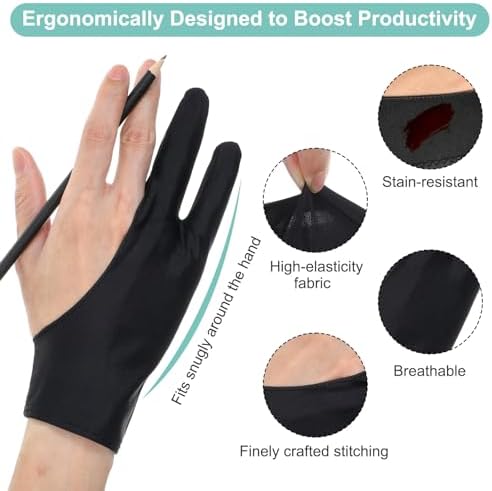 Digital Drawing Glove, 6 Pcs Two-Finger Artist Gloves, Smooth Elasticity Breathable Artist Glove for Stylus Pen Pencil Sketching Painting, Suitable for Left and Right Hand