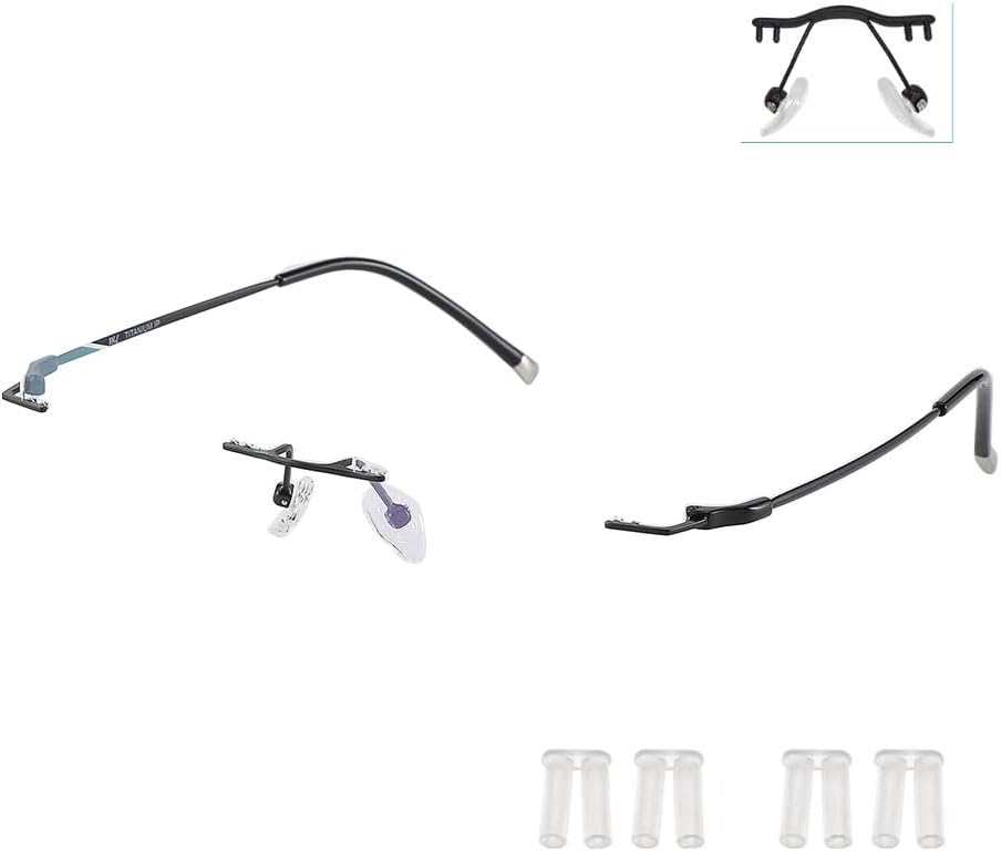 1 Pair Metal Frame Temple Arms Titanium Rimless Glasses Legs and Stainless Steel Nose Bridge Glasses Replacement Temple Eyewear Frame Temple with Double Rubber Plug（Black)