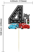 Ephlyn 1Pc Race Car 4th Birthday Cake Topper Glitter 4th Racing Car Birthday Cake Decoration for Racing Car Checkered Flag Themed Girl Boy 4 Years Birthday Party Supplies