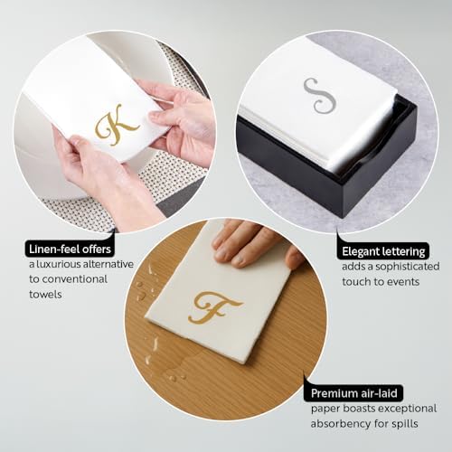 Luxenap 15.8 X 7.9 Inch Linen-Feel Guest Towels, 50 Lettered Hand Towels - Gold Letter 'A', Cursive Font, White Paper Dinner Napkins, airlaid, For Restrooms And Tables - Restaurantware