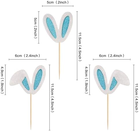 Ercadio 24 Pack Easter Bunny Ear Cupcake Toppers Glitter Blue White Rabbit Ears Cupcake Picks Easter Bunny Cupcake Toppers Rabbit Cake Toppers for Kids Boys Birthday Baby Shower Party Supplies