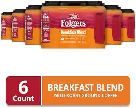Folgers Breakfast Blend Ground Coffee, Mild Roast, 22.6 Oz. Canister (Pack of 6)