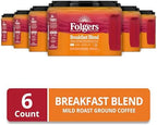 Folgers Breakfast Blend Ground Coffee, Mild Roast, 22.6 Oz. Canister (Pack of 6)