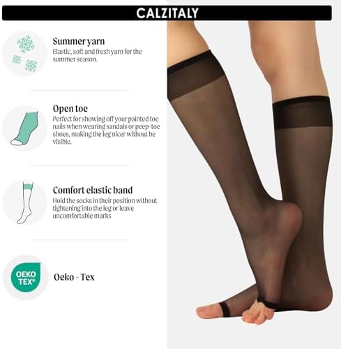 CALZITALY - 2 Pairs Open Toe Knee High Socks for Women (One Size, Black or Nude)