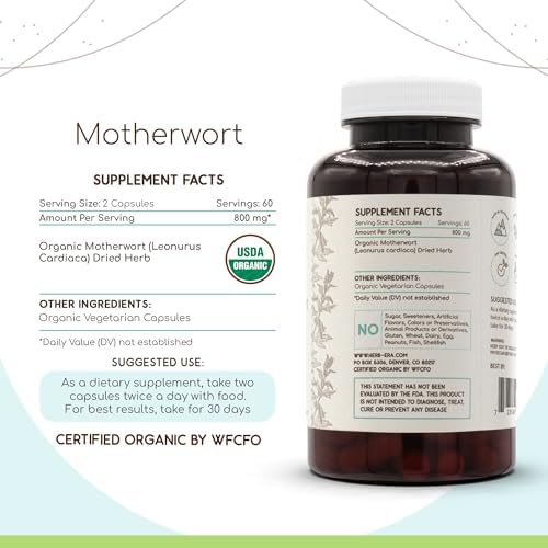 HerbEra Motherwort USDA Organic 120 Capsules | Natural Herbal Supplement | Certified Organic Vegetarian Capsules and Organic Motherwort (Leonurus Cardiaca) Dried Herb (120 Capsules)