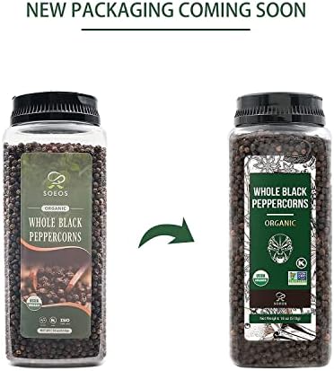 Soeos Organic Black Peppercorns, 18oz (Pack of 1), Non-GMO, Kosher, Packed to Keep Peppers Fresh, Peppercorn for Grinder Refill, Whole Peppercorns
