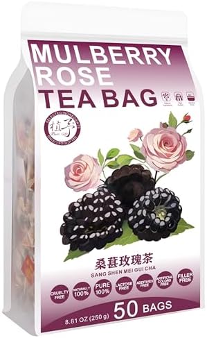 Plant Gift Mulberry Rose Tea Bag 8.81oz (5g*50bags) Poria cocos, Rose, Lily, Chinese Pure Natural, Health Care Mixed Tea, Combination of Floral Tea 250g 桑葚玫瑰茶