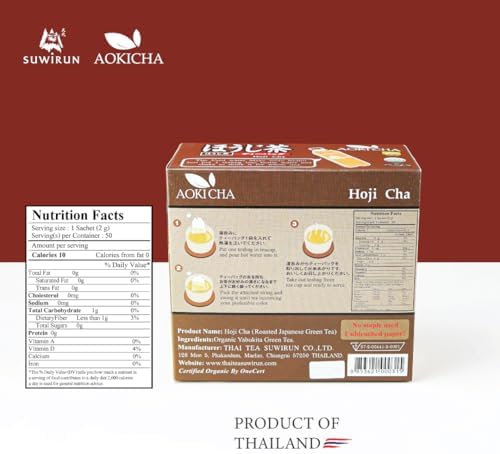 Suwirun Aoki Cha Organic Hojicha 50 Bags – Japanese Roasted Green Tea – Smooth, Bold & Naturally Sweet – Low Caffeine, Eco-Friendly, Unbleached Tea Bags for Hot & Cold Brew