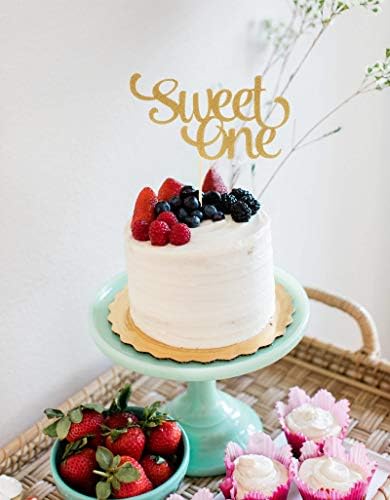1st Birthday Gold Cake Topper - Glitter Sweet One Cake Topper for Photo Booth Props, Single-Sided First Anniversary Party Shower Cake Smash Decorating