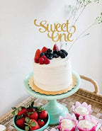 1st Birthday Gold Cake Topper - Glitter Sweet One Cake Topper for Photo Booth Props, Single-Sided First Anniversary Party Shower Cake Smash Decorating