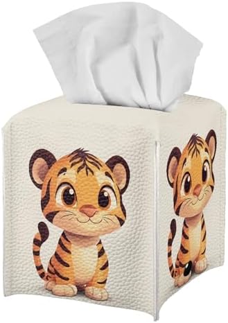 Cartoon Tiger Foldable Tissue Box Cover Square Facial Kleenex Napkin Holder PU Leather Tissue Box Holder for Car Home Bedroom Desk Office Decoration, Cute Cartoon Little Tiger Ivory