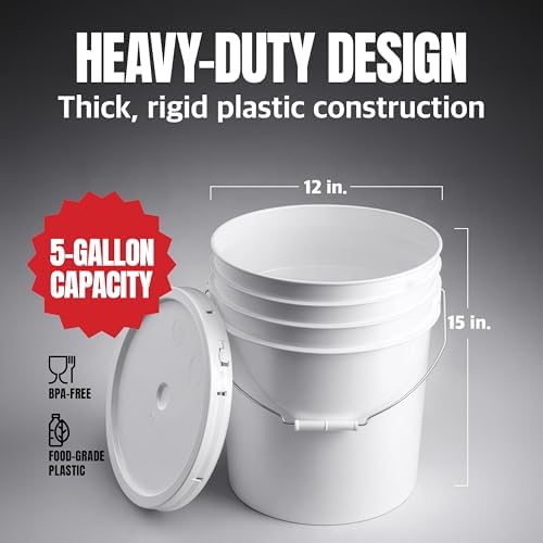 5-Gallon White Bucket Pail With Airtight Lid, Food Grade BPA-Free Premium HDPE, Made In USA, Heavy-Duty Extra Durable Multi-Use, Metal Handles Plastic Grip Easy Carrying, Stackable Easy Store - 1 Pack