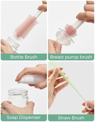 Momcozy 7-in-1 Baby Bottle Cleaner Kit with Silicone, Nipple & Straw Brushes, Soap Dispenser and Drying Rack - Portable Cleaning Tool for Home and Travel, Pink
