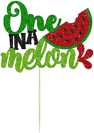 Gyufise 1Pc Watermelon Cake Topper Glitter One in a Melon Cake Pick Watermelon First Birthday Cake Decorations for Summer Fruit Baby Shower Boys Girls 1st Birthday Decorations Green