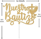 Nuestro Bautizo Cake Topper, Spanish First Holy Communion, Cross Dove My Confirmation, Religious Baptism First Birthday Christening Baby Shower Party Decorations Supplies, Gold Glitter