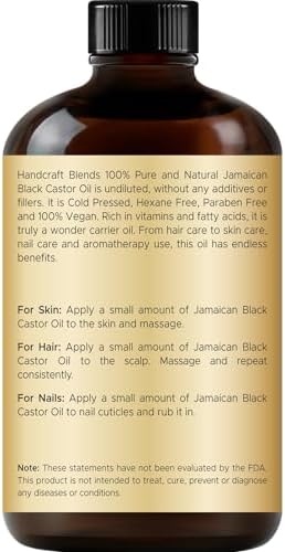 Handcraft Blends Cold-Pressed Jamaican Black Castor Oil 4 Fl Oz | Glass Bottle | Lash Brushes | 100% Pure and Natural | Premium Grade Carrier Oil | Hair, Eyelashes and Eyebrows | Hair and Body