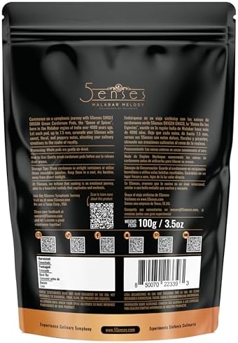 5Senses Green Malabar Cardamom Pods | Cardamomo | Malabar Melody | Whole Green Cardamom Pods | Single Origin Non-GMO Cardamom | Gourmet Spice, Baking Spice, Tea Spice, Indian Spice, Vegan, Gluten Free, Kosher Spices (3.5oz/100g)