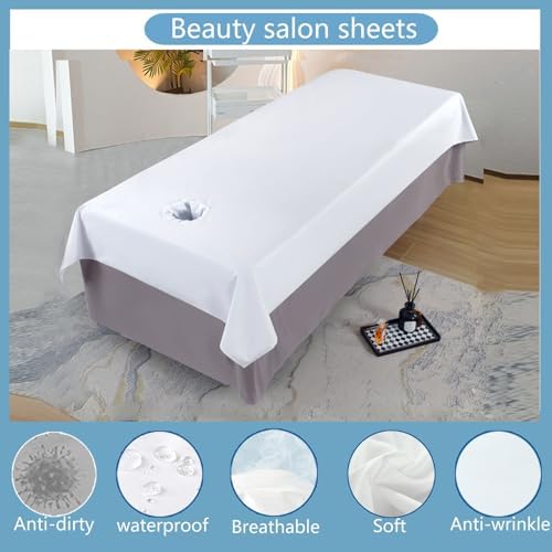 Premium Reusable Massage Table Sheets Bed Cover 47 x 90 Inches with Face Hole, Fitted Table for Master Massage, Waterproof and Oilproof, Stain and Wrinkle-Resistant, Machine Washable（White）