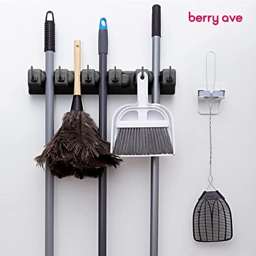 Berry Ave EXTRA GRIP Mop & Broom Holder Wall Mount – Wall Hanging Organizer for Garden Tools, Closet, and Utility Storage, Includes Hardware, Fits Standard Brooms & Mops
