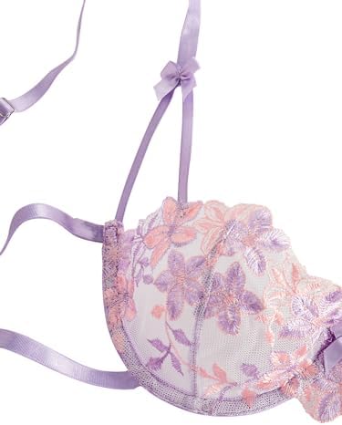 Lilosy Sexy Tie Side Cute Underwire Push Up Strappy Embroidered Mesh Sheer Lingerie Set