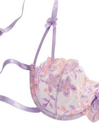 Lilosy Sexy Tie Side Cute Underwire Push Up Strappy Embroidered Mesh Sheer Lingerie Set