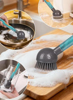 Soap Dispensing Dish Brush Storage Set with 360° Rotating Head, Kitchen Brush with 2 PCS Different Brush Heads & 3 PCS Sponges, Dish Brush Set with Handle for Dishes, Sink, Pans, Pots.