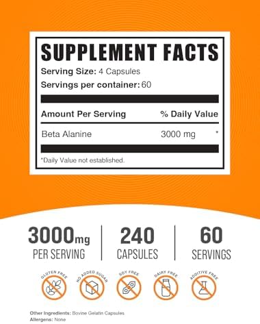 BulkSupplements.com Beta Alanine Capsules - Beta Alanine Supplement, Pre-Workout Supplement - Gluten Free, 4 Capsules per Serving, (3000mg), 240 Count (Pack of 1)