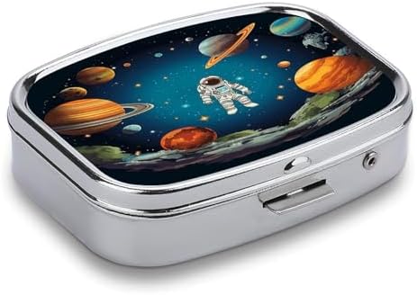 Outer Space Rocket Astronaut Pill Organizer with 2 Compartments Portable Pill Container Small Pill Box for Purse Travel Essentials Metal Pill Case Mini Medicine Container for Daily Use