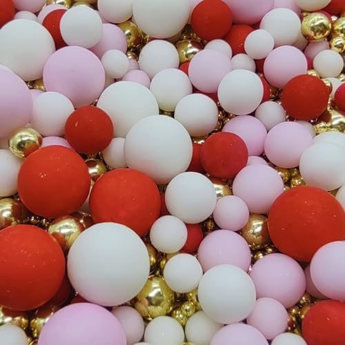 Edible Red & Pink & White & Gold Sugar Pearls Sprinkles Candy Mix Size Pearls Cake Decorations Cupcake Toppers Decorating Perfect for Wedding Party Valentine Christmas Supplies 4.58OZ
