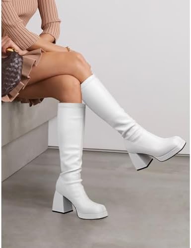 SOVANYOU Black Leather Boots Platform Boots for Women Fashion Square Toe Chunky Block Heeled Boots Side Zip