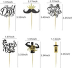 Happy Fathers Day Cake Toppers 36pcs Glitter Cupcake Toppers Super Dad Mustache Cake Decorations for Fathers' Day Birthday Party