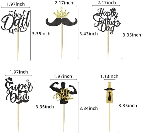 Happy Fathers Day Cake Toppers 36pcs Glitter Cupcake Toppers Super Dad Mustache Cake Decorations for Fathers' Day Birthday Party