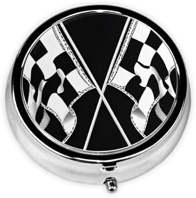 (Black White Formula Checkered Flags Pattern) Round Pill Box,3 Compartment Pill Box Mini Decorative Pocket Purse Portable Travel Medicine Tablet Vitamin Holder Organizer Pill Case