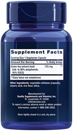 Life Extension Lightly Caffeinated Mega Green Tea Extract, Camellia sinensis Extract with Concentrated EGCG polyphenol Content, Gluten-Free, Non-GMO, Vegetarian, 100 Capsules