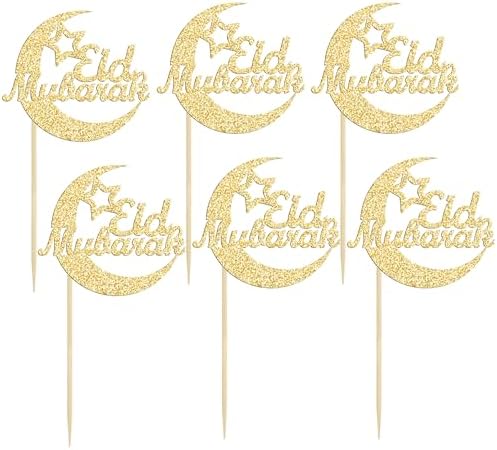 Gyufise 24Pcs Gold Glitter Eid Mubarak Cupcake Toppers Moon Happy Eid Ramadan Kareem Cake Decorations Islamic Muslim Party Supplies Decorations